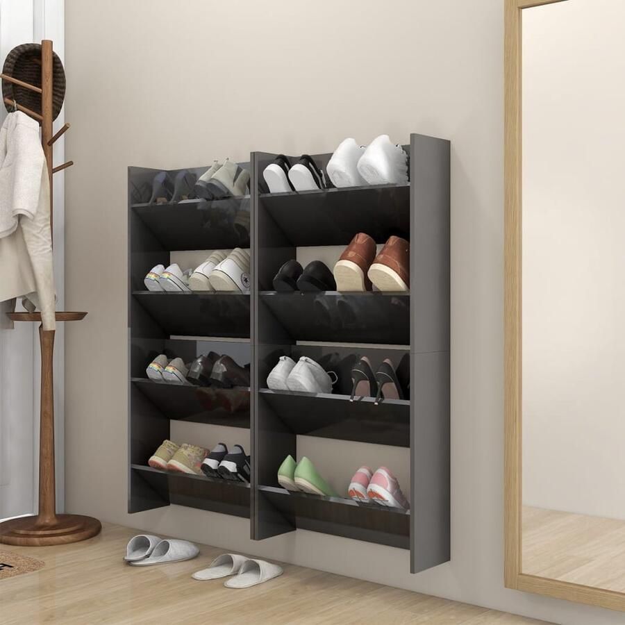 VidaXL Wandschoenenkasten 4 stuks 60x18x60 cm Grijs Wand Schoenen Kast Schoenen Organizer Schoenen Rek Houten Schoenenkast Grijze Schoenenkast Kleine Schoenenkast Slimme Opslag - Foto 2
