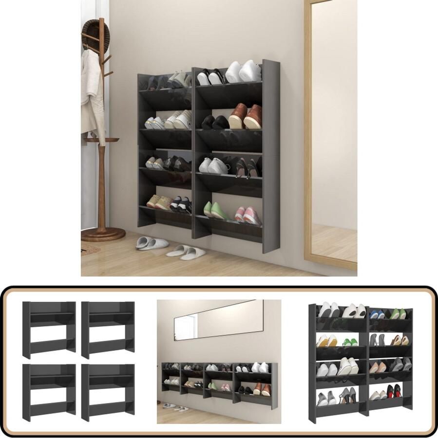 VidaXL Wandschoenenkasten 4 stuks 60x18x60 cm Grijs Wand Schoenen Kast Schoenen Organizer Schoenen Rek Houten Schoenenkast Grijze Schoenenkast Kleine Schoenenkast Slimme Opslag