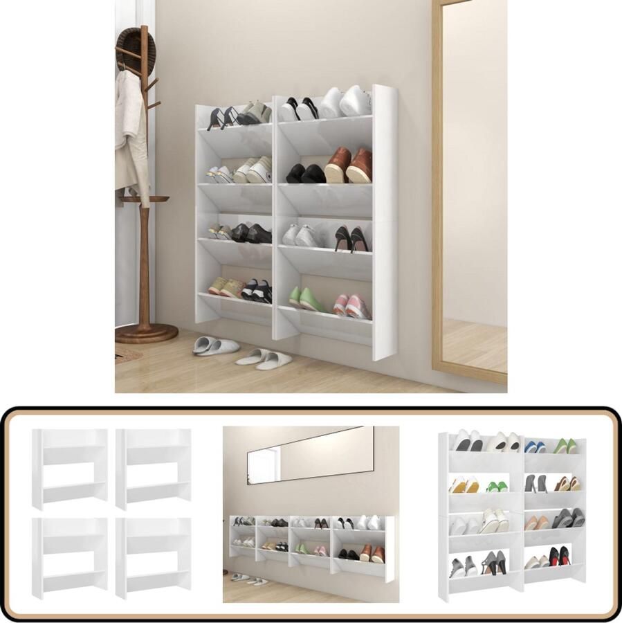 VidaXL Wandschoenenkasten 4 stuks Hoogglans wit Wandcloset Schoenenkast Schoenuitlegger Organisatie Kast Hangsysteem