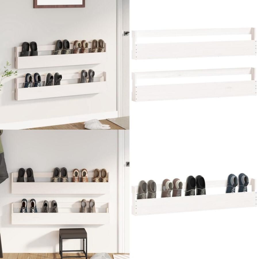 VidaXL Wandschoenenrekken 2 st 110x9x23 cm massief grenenhout wit Wand Gemonteerd Schoenenrek Wand Gemonteerde Schoenenrekken Schoenenrek Schoenenkast