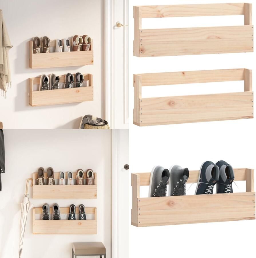 VidaXL Wandschoenenrekken 2 st 59x9x23 cm massief grenenhout Wand Gemonteerd Schoenenrek Wand Gemonteerde Schoenenrekken Schoenenopslag Schoenen Ordener