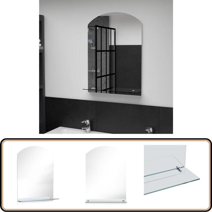 VidaXL Wandspiegel met Schap 50x70 cm Geh. Glas Wandspiegel Badkamermeubel Spiegeltje Minimalistisch Design Gehard Glas Zilver Badkamervloeren Decoratief Item Vintage Spiegel Modern Interieur
