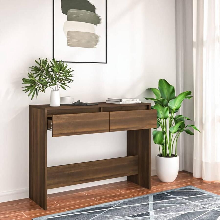 VidaXL Wandtafel 100x35x76 5 cm Bruin Eiken Consoletafel Wandtafel Bruineik Houten Tafel Livingroom Furniture Interieurdecoratie Entryway Furniture Hall Stand Side Table Storage Solutions Modern Design Scandinavische Stijl - Foto 2