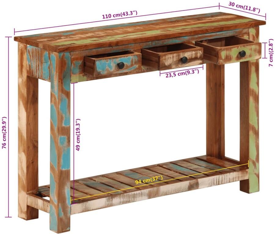 VidaXL Wandtafel 110x30x76 cm massief gerecycled hout