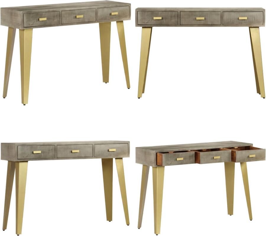 VidaXL Wandtafel 110x35x76 cm massief mangohout met messing grijs Console Tafel Console Tafels Bijzettafel Bijzettafels