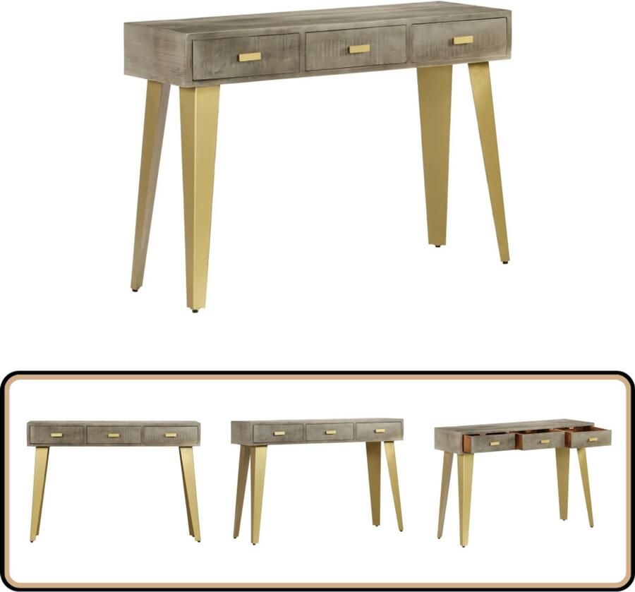 VidaXL -Wandtafel-110x35x76-cm-massief-mangohout-met-messing-grijs - Foto 2