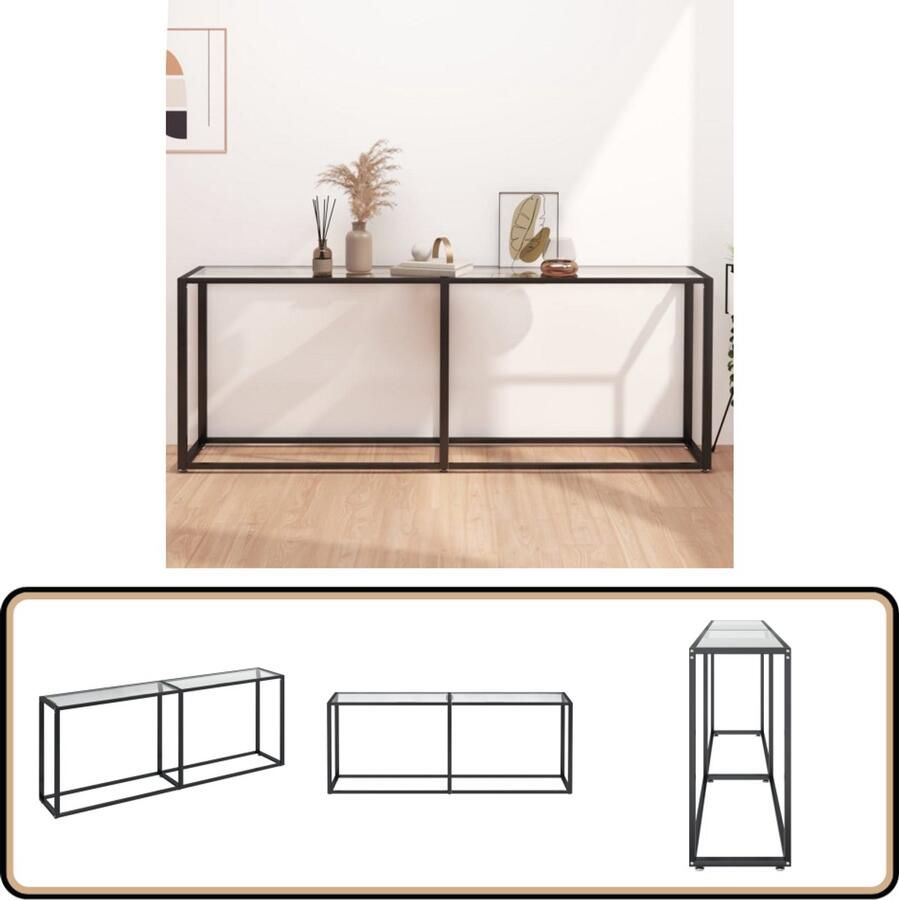 The Living Store Wandtafel Transparant gehard glas en gepoedercoat staal 200 x 35 x 75.5 cm Met extra opbergruimte Wandtafel Bijzettafel Salontafel Glazen Tafeltje Industriële Tafel - Foto 2
