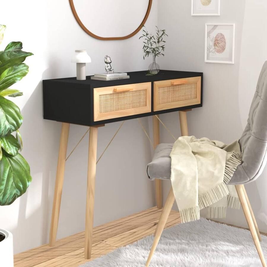 VidaXL Wandtafel 80x30x75 cm Hout & Rattan Zwart Scandinavisch Design Wandtafel Salontafel Entreehal Zwarte Kleur Ladekast Opbergruimte Robuust Modern - Foto 2