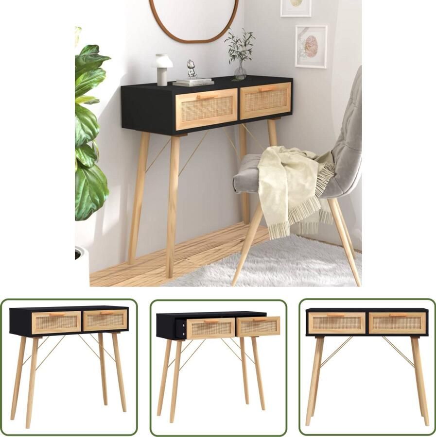 VidaXL Wandtafel 80x30x75 cm Hout & Rattan Zwart Scandinavisch Design Wandtafel Salontafel Entreehal Zwarte Kleur Ladekast Opbergruimte Robuust Modern