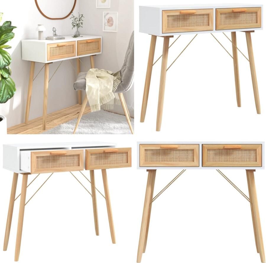 VidaXL Wandtafel 80x30x75 cm massief grenenhout en natuurlijk rattan Wandtafel Wandtafels Consoletafel Houten Wandtafel