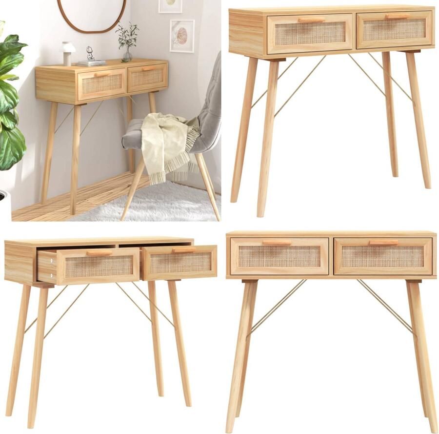 VidaXL Wandtafel 80x30x75 cm massief grenenhout en natuurlijk rattan Wandtafel Wandtafels Consoletafel Houten Wandtafel