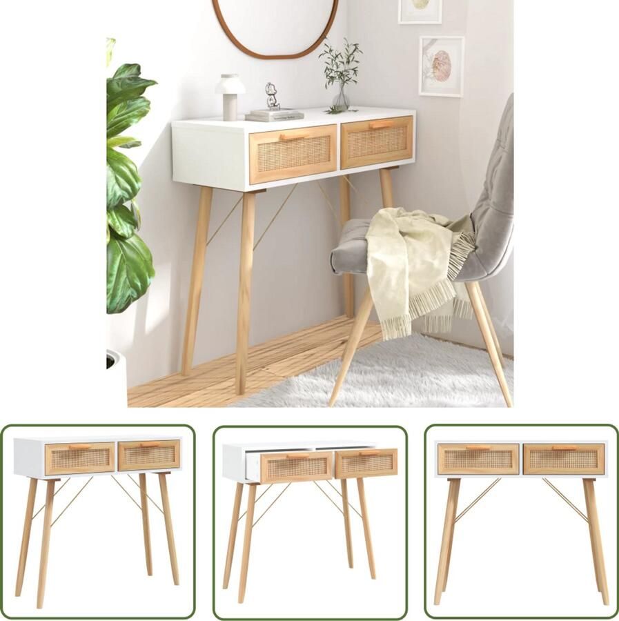 VidaXL Wandtafel 80x30x75 cm Wit & Rattan Wandtafel Scandinavisch Salontafel Entreehal Wit Kastanje Robuuste Tafel Vintage Look Minimalistische Tafel Multifunctionele Tafel Opbergruimte