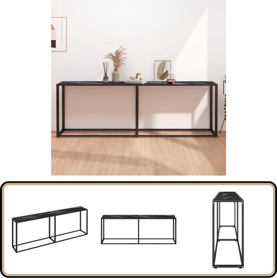 VidaXL Wandtafel Gehard Glas Zwartmarmer 220 cm Wandtafel Zwarte Tafel Industriële Tafel Salontafel Bijzettafel