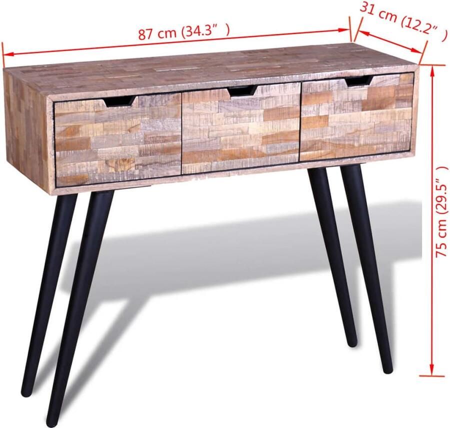 VidaXL Wandtafel Gerecycled Teakhout 3 Lades Wandtafel Vintage Meubilair Teakhouten Tafel Salontafel Entreetafel Opslagruimte Industriële Stijl Retro Design Handmade - Foto 2