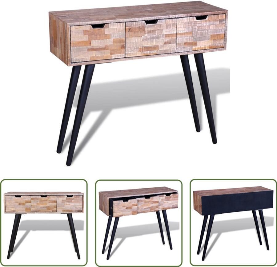 VidaXL Wandtafel Gerecycled Teakhout 3 Lades Wandtafel Vintage Meubilair Teakhouten Tafel Salontafel Entreetafel Opslagruimte Industriële Stijl Retro Design Handmade