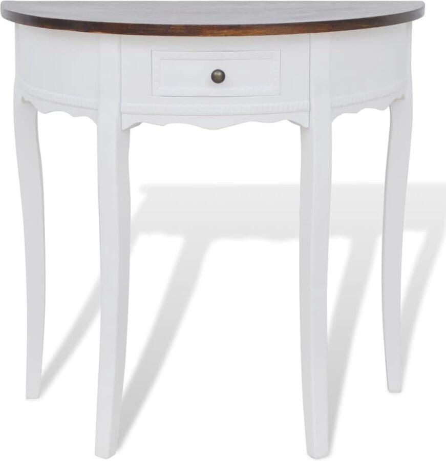VidaXL Wandtafel Halfrond Lade Bruin Wit Frame Wandtafel Consoletafel Houten Tafel Witte Kast Brown Table Top Vintage Look Living Room Furniture Hallway Furniture
