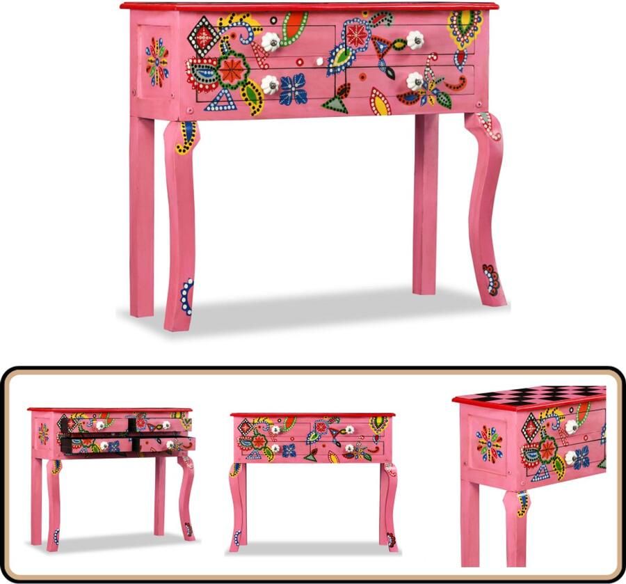VidaXL Handgeschilderde Wandtafel Mangohout Roze Design Houten Wandtafel Vintage Kast Handgemaakte Meubels Rozen Kleurtoneel Salontafel