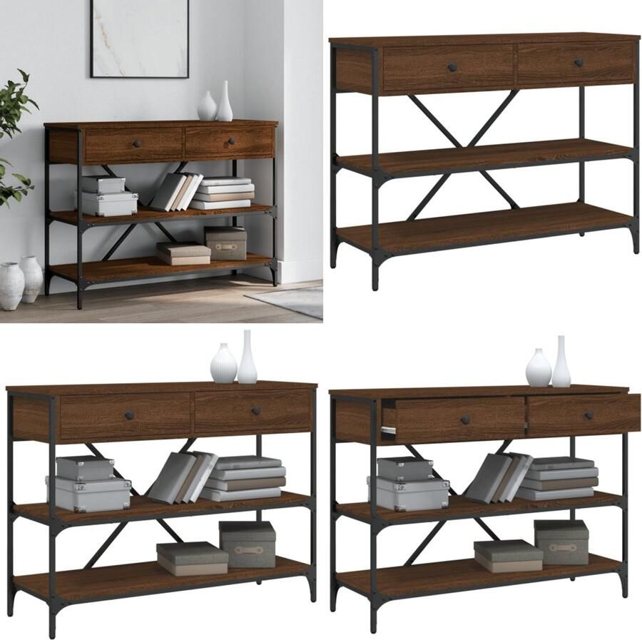 The Living Store Wandtafel Classic Bruin Eiken 100x34.5x75 cm 2 lades Stevig Stalen Frame Wandtafel Salontafel Bijzetkast Houten Kast Vintage Kast - Foto 2