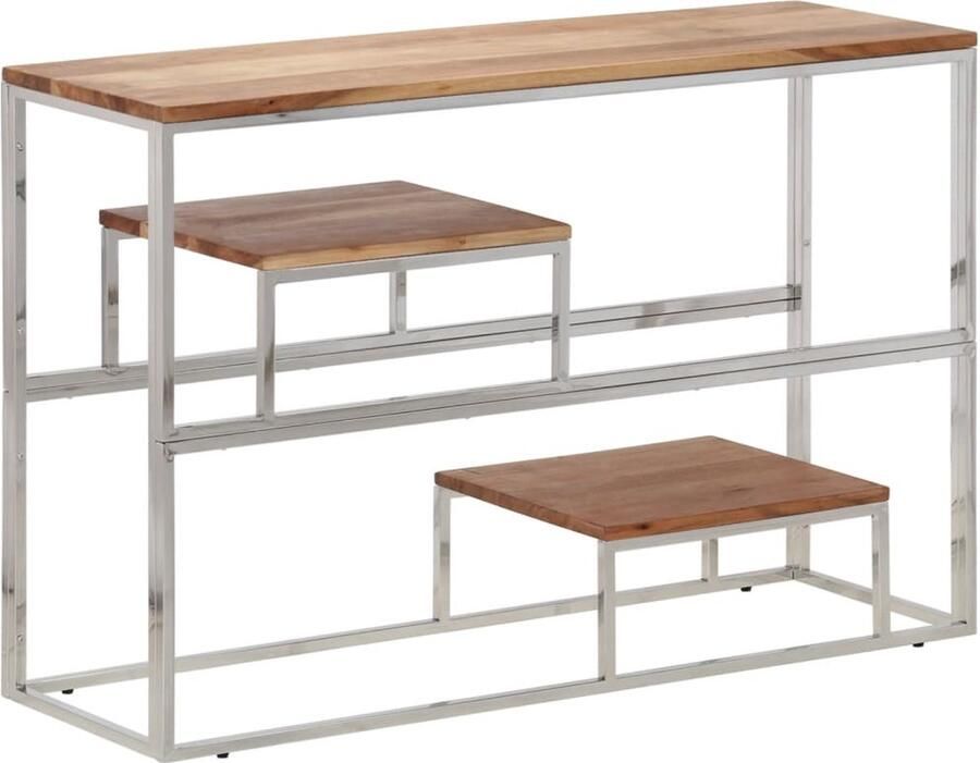 The Living Store Wandtafel roestvrij staal en massief acaciahout zilverkleurig Wandtafel Salontafel Entreetafel Consooltafel Acacia Hout