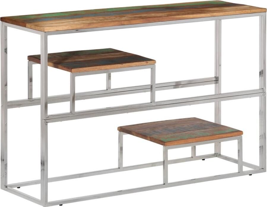 The Living Store Wandtafel roestvrij staal en massief gerecycled hout zilver Wandtafel Industriële Wandtafel Salontafel Vintage Wandtafel Houtwandtafel