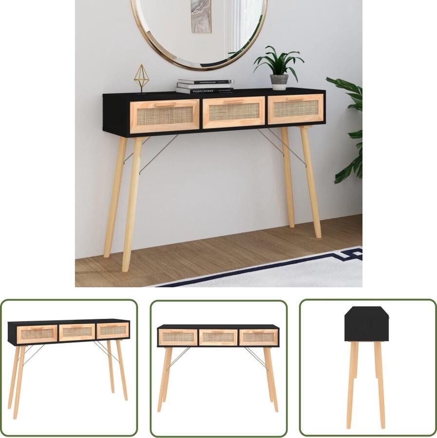 The Living Store Wandtafel Scandinavische stijl 105 x 30 x 75 cm 3 lades bewerkt hout massief grenenhout naturel rattan Scandinavisch Ontwerp Wandtafel Salontafel Bijzettafel Ladekast - Foto 2