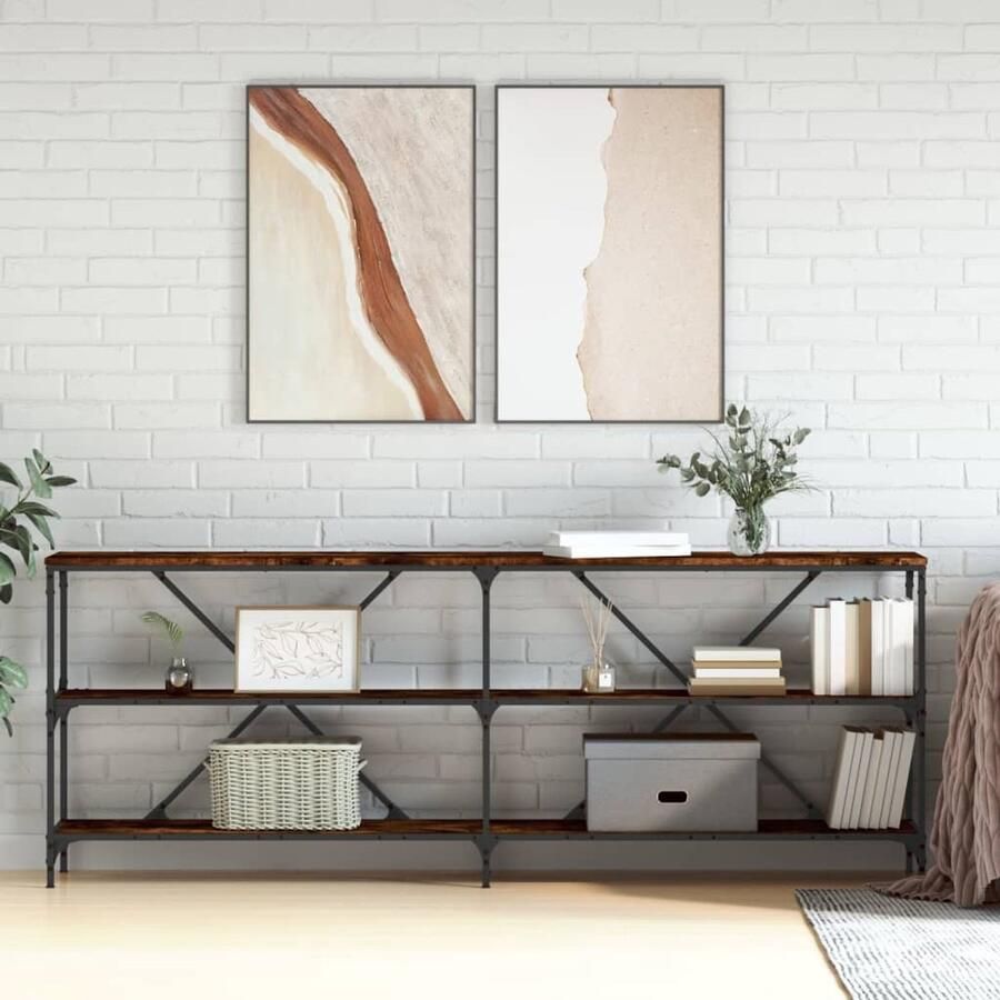 VidaXL Wandtafel Wandtafels Gangtafel Haltafel -Wandtafel-200x30x75-cm-bewerkt-hout-en-ijzer-gerookt-eikenkleur