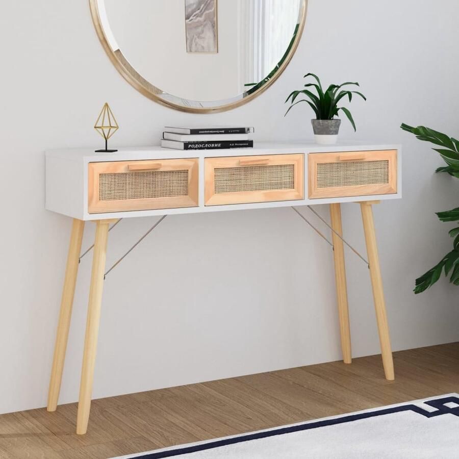 VidaXL Wandtafel Wit Hout en Rattan 105x30x75 cm Scandinavisch Wandtafel Salontafel Entreetafel Kastje Opbergkast Witte Tafel Ronde Tafel Rattan - Foto 2