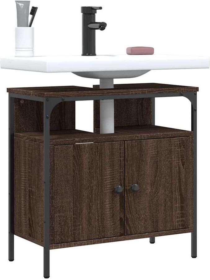 VidaXL Badkamermeubilair Wastafelkast 60x30x60 cm bewerkt hout bruin eikenkleurig Houten Wastafelkast Brown Furniture Bruine Eiken Kleur - Foto 2