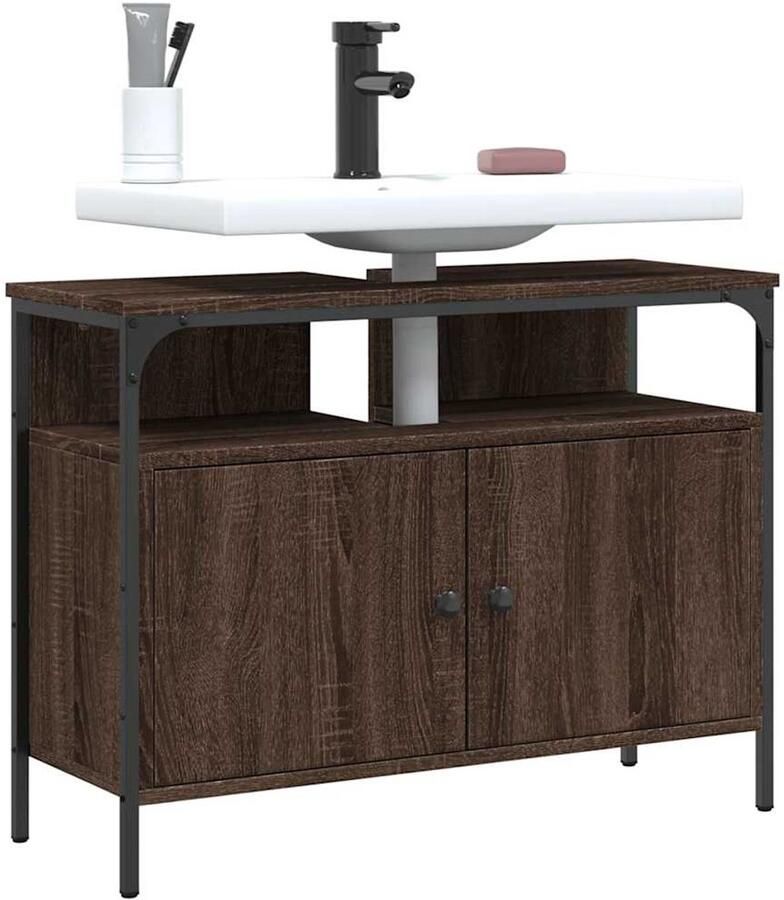 VidaXL Badkamermeubilair Wastafelkast 80x30x60 cm bewerkt hout bruin eikenkleurig Bruine Wastafelkast Houten Wastafelkast Compact Design - Foto 2