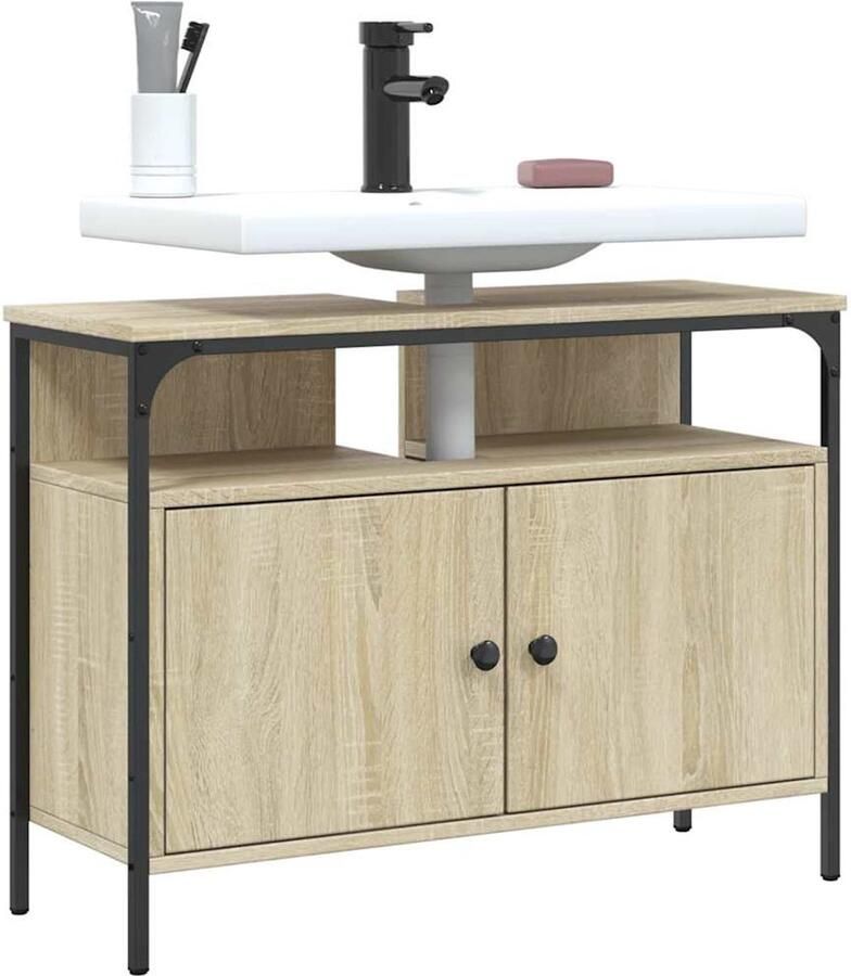 VidaXL Badkamerkast Wastafelkast 80x30x60 cm bewerkt hout sonoma eikenkleurig Sonoma Eiken Houten Kast Bruine Kast - Foto 2
