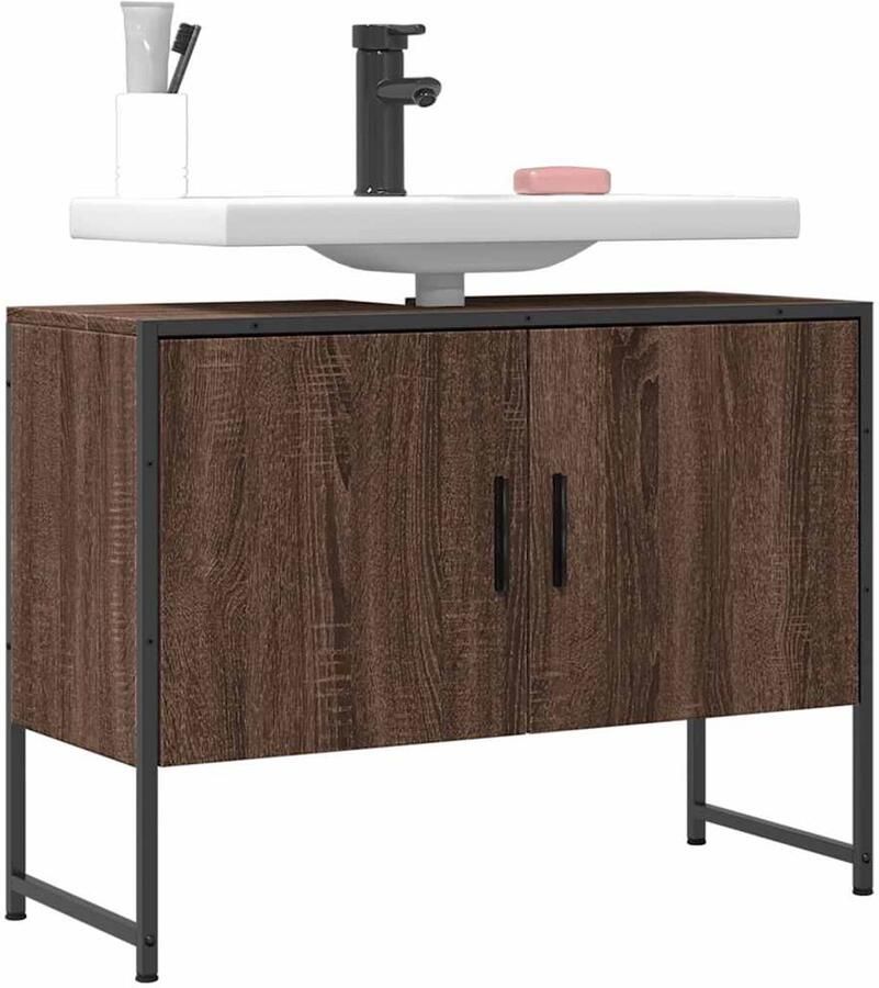 VidaXL Badkamerkast Wastafelkast 80x33x60 cm bewerkt hout bruin eikenkleurig Houten Kast Bruine Eiken Bewerkt Hout - Foto 2