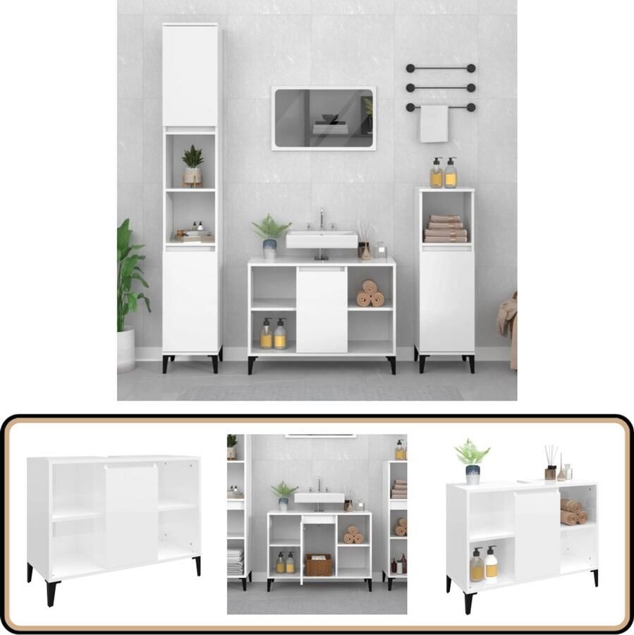 VidaXL Wastafelkast 80x33x60 cm bewerkt hout hoogglans wit - Foto 2