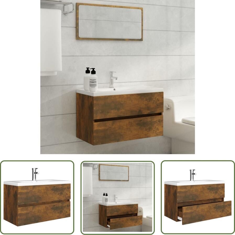 VidaXL Wastafelkast met ingebouwde wasbak bewerkt hout gerookt eiken Wastafelkast Badkamermeubel Houten Kast Bruine Wastafel Keramische Wastafel