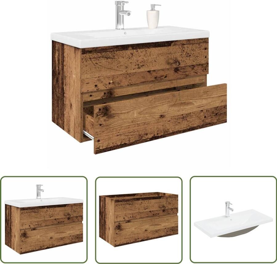 VidaXL Wastafelkast met ingebouwde wasbak en kraan oud houtkleurig Wastafelkast Badkamerspiegel Badkamermeubilair Wastafelset Badkameraccessoires