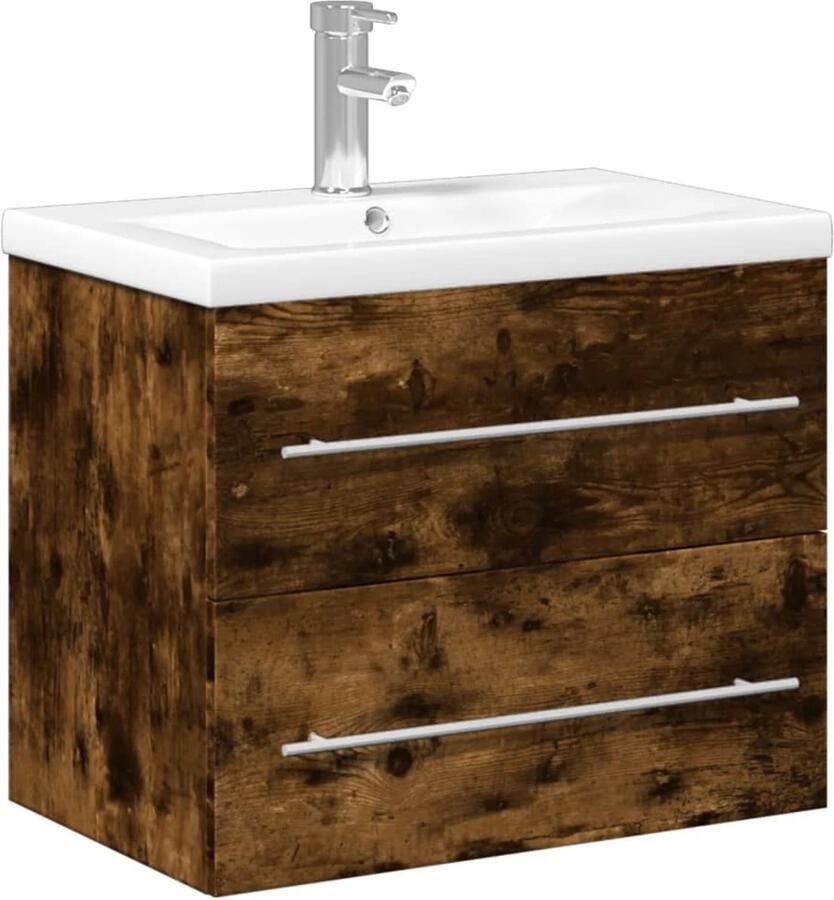 VidaXL Badkamerspiegel Wastafelkast met ingebouwde wasbak gerookt eikenkleurig Bruine Kast Houten Kast Badkamermeubilair - Foto 2