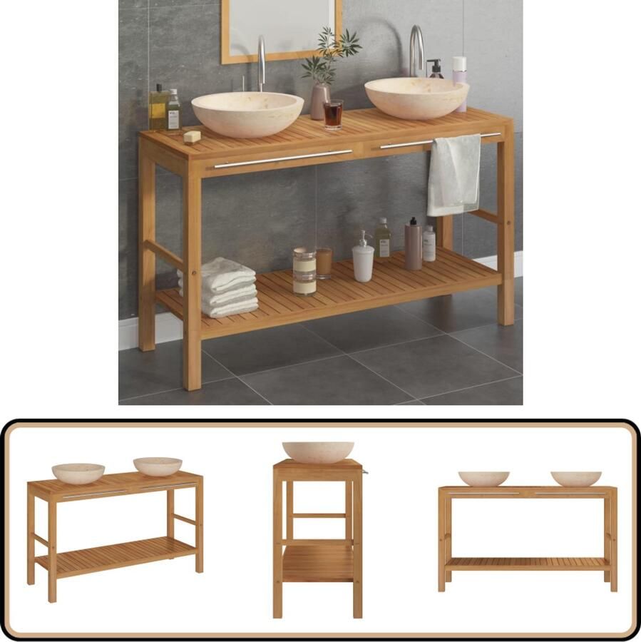 VidaXL Wastafelkast met marmeren wastafels massief teakhout crèmekleur