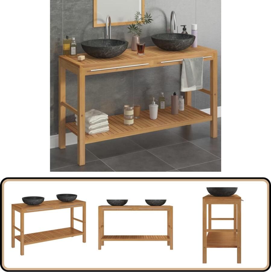 VidaXL Wastafelkast met marmeren wastafels massief teakhout zwart