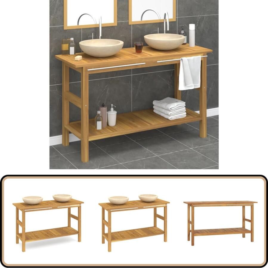 VidaXL Wastafelkast met wasbakken massief teakhout marmer crèmekleurig