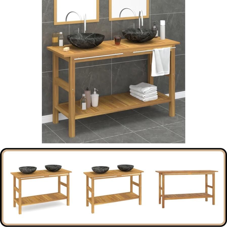 VidaXL Wastafelkast met wasbakken massief teakhout marmer zwart