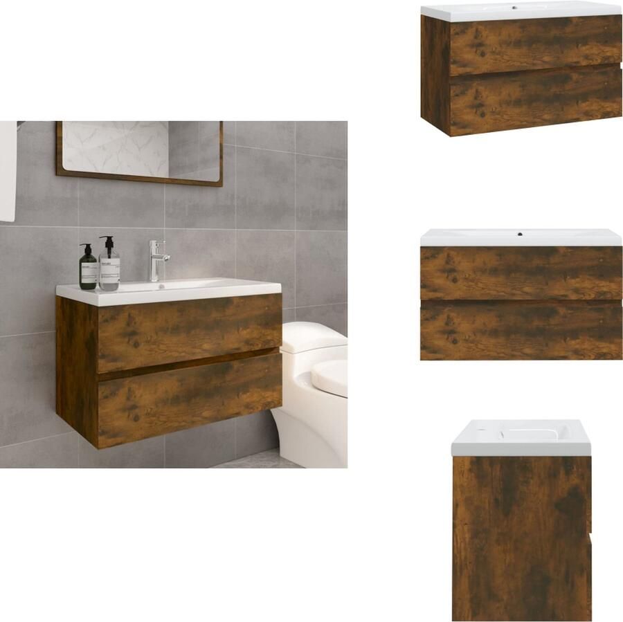 VidaXL Wastafelkast Met Wastafel Wastafelkasten Met Wastafels Gootsteenkast Wastafelkast met ingebouwde wasbak bewerkt hout gerookt eiken