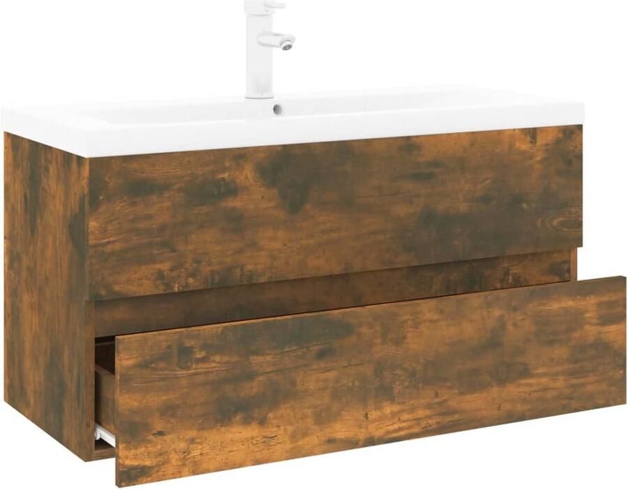 VidaXL Badkamermeubilair Wastafelkast met ingebouwde wasbak bewerkt hout gerookt eiken Houten Kast Bruine Kast Gerookt Eiken - Foto 2