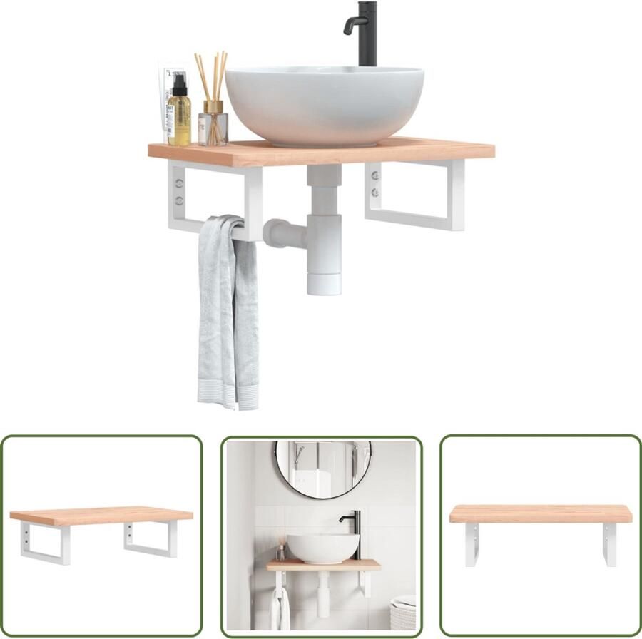 VidaXL Badkamer wandschap staal en massief beukenhout Badkamer Meubilair Wastafelplank Houten Wastafel Badkamer Accessoires Wandrek Badkamer - Foto 2