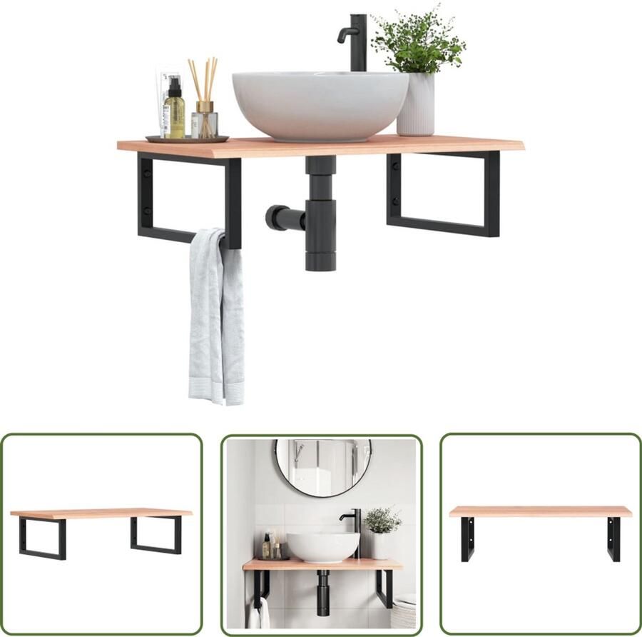 VidaXL Wastafelplank Badkamer Meubilair Badkamer wandschap staal en massief eikenhout Houten Kastje Badkamer Accessoires Bruine Badkamermeubelen