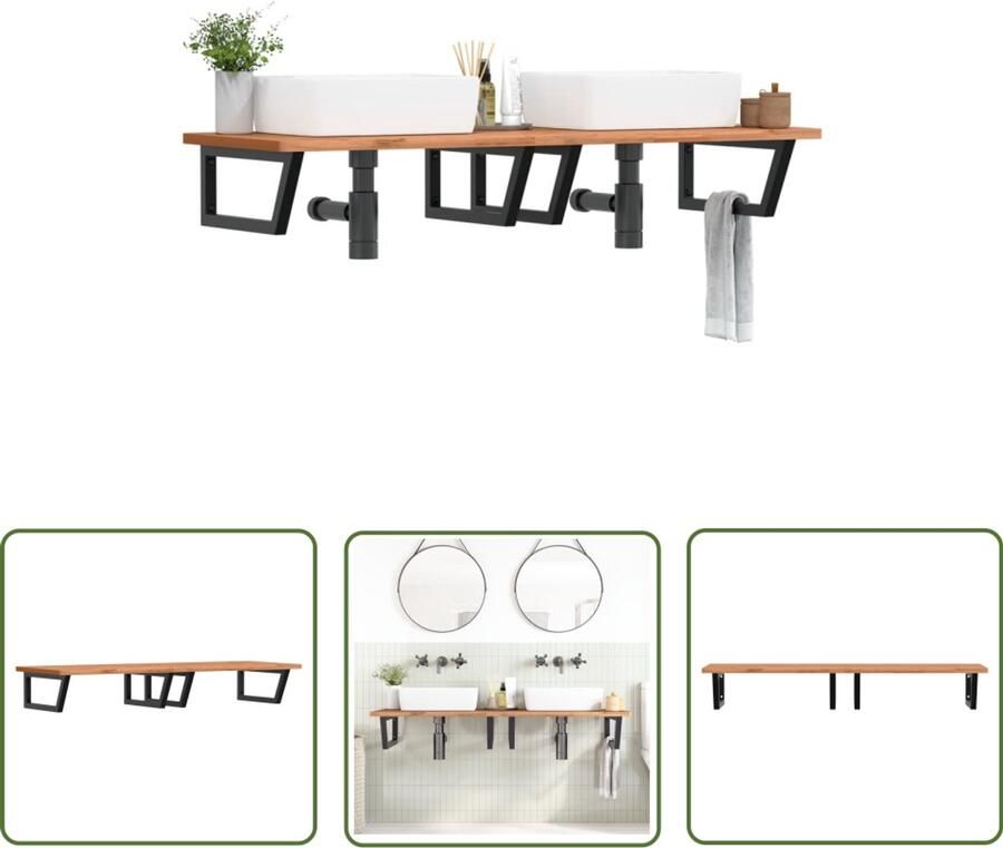 VidaXL Wastafelplank Badkamermeubel Badkamer wandschap staal en massief beukenhout Houten Wasbak Badkameropbergruimte Designwastisch