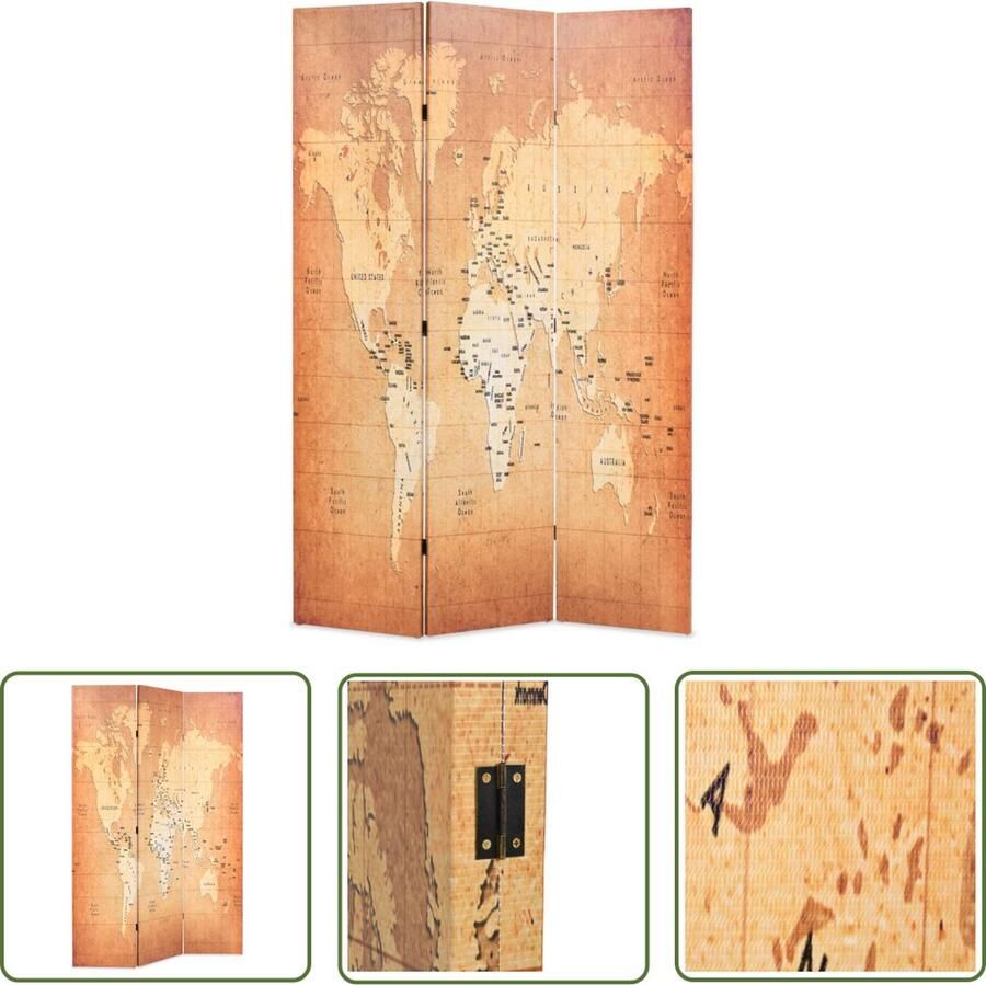 The Living Store Kamerverdeler Wereldkaart 120x170cm Geel Massief Houten Frame Kamerverdeler Wereldscherm Paravent Scheidingswand Wereldkaart