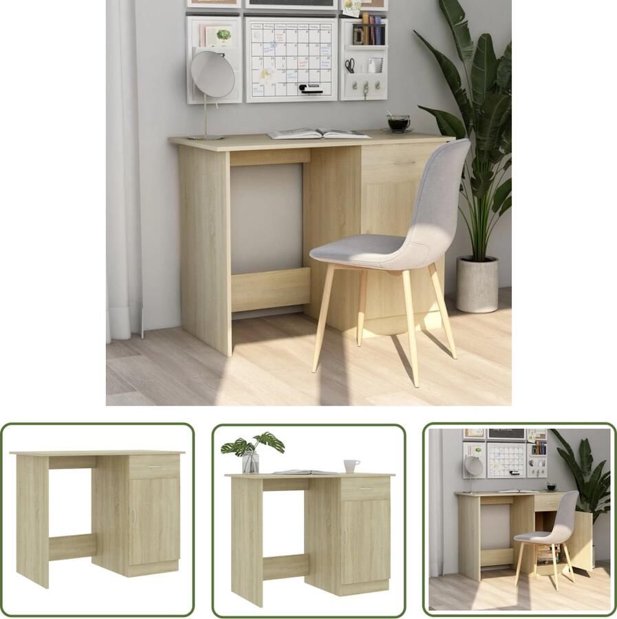 The Living Store Bureau Strak en Modern Bureau 100x50x76 cm Sonoma Eiken Met lade en deur Kantoorbureau Werkplek Houten Bureau Modern Bureau Design Bureau - Foto 2