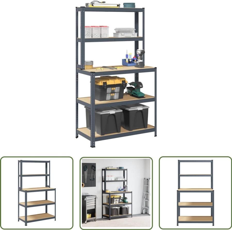 VidaXL Werktafel 5-laags antraciet staal & hout Werktafel Industriële Tafel Metalen Werktafel Opslagkast Multifunctioneel Meubel