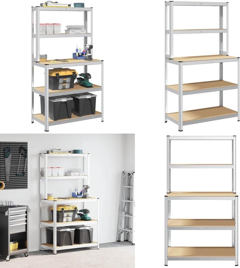VidaXL Werktafel 5-laags met schappen staal & bewerkt hout zilverkleur Werktafel Met Planken Werktafels Met Planken Werktafel Werkbank