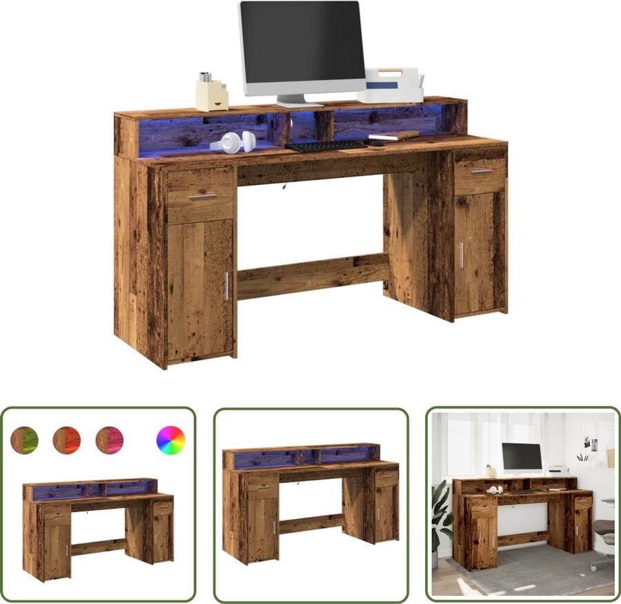VidaXL Werktafel Bureau met LED-verlichting 160x55x91 cm bewerkt hout oud hout Led Verlichting Computer Bureau Gaming Bureau