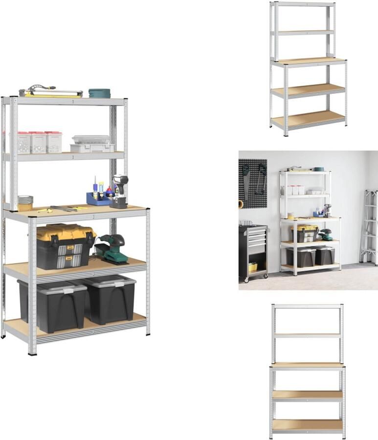 VidaXL Werktafel Met Planken Werktafels Met Planken Werktafel Werkbank Werktafel 5-laags met schappen staal & bewerkt hout zilverkleur